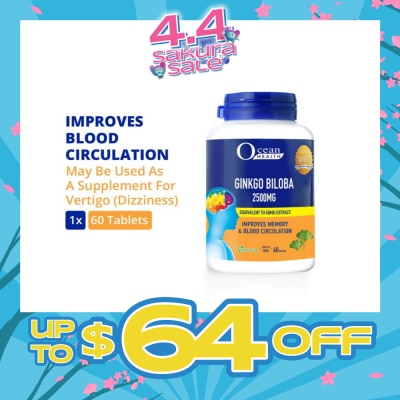 OCEAN HEALTH - Ginkgo Biloba Tablet 2500mg (Improves Memory & Blood Circulation, Supports Concentration & Mental Alertness + Vegetarian) 60s