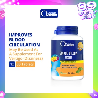 OCEAN HEALTH Ginkgo Biloba Tablet 2500mg (Improves Memory & Blood Circulation, Supports Concentration & Mental Alertness + Vegetarian) 60s