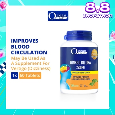 OCEAN HEALTH Ginkgo Biloba Tablet 2500mg (Improves Memory & Blood Circulation, Supports Concentration & Mental Alertness + Vegetarian) 60s
