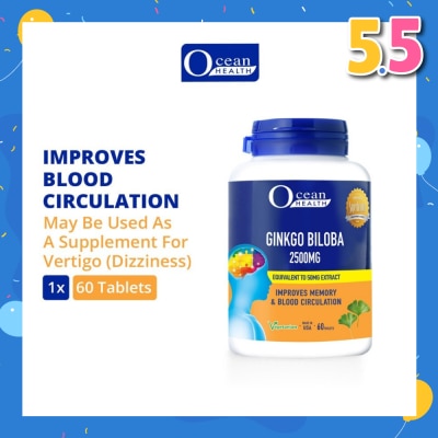 OCEAN HEALTH Ginkgo Biloba Tablet 2500mg (Improves Memory & Blood Circulation, Supports Concentration & Mental Alertness + Vegetarian) 60s