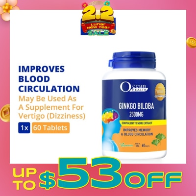 OCEAN HEALTH Ginkgo Biloba Tablet 2500mg (Improves Memory & Blood Circulation, Supports Concentration & Mental Alertness + Vegetarian) 60s