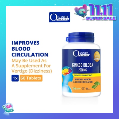 OCEAN HEALTH Ginkgo Biloba Tablet 2500mg (Improves Memory & Blood Circulation, Supports Concentration & Mental Alertness + Vegetarian) 60s
