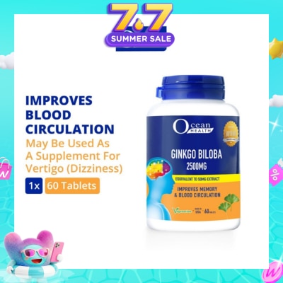 OCEAN HEALTH - Ginkgo Biloba Tablet 2500mg (Improves Memory & Blood Circulation, Supports Concentration & Mental Alertness + Vegetarian) 60s