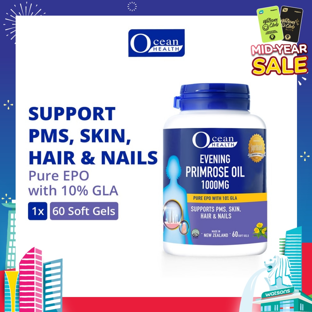 Evening Primrose Oil Softgel 1000mg (Supports PMS, Skin, Hair & Nails + Halal) 60s