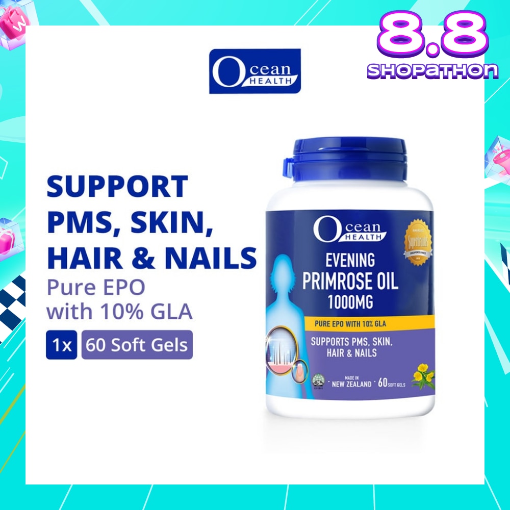 Evening Primrose Oil Softgel 1000mg (Supports PMS, Skin, Hair & Nails + Halal) 60s