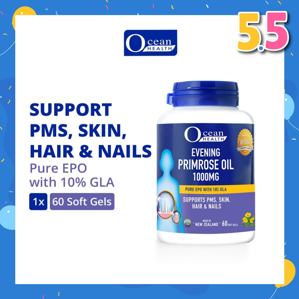 Evening Primrose Oil Softgel 1000mg (Supports PMS, Skin, Hair & Nails + Halal) 60s
