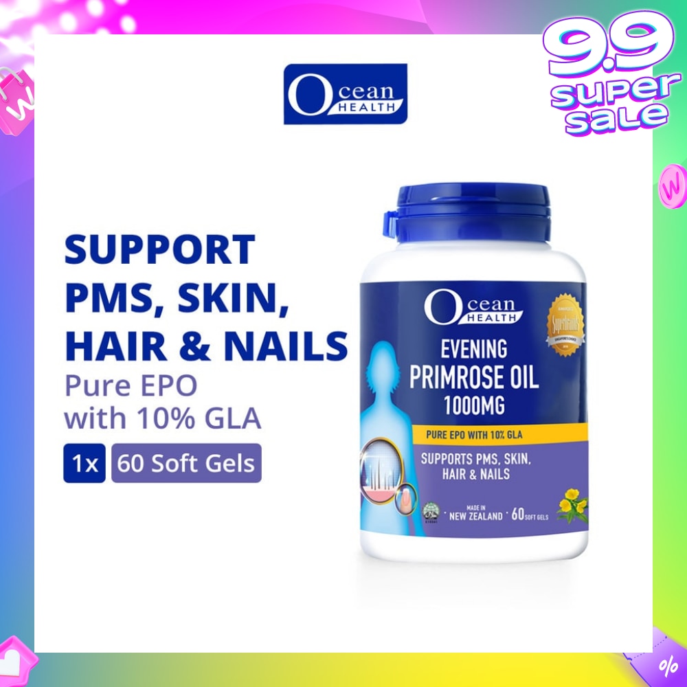 Evening Primrose Oil Softgel 1000mg (Supports PMS, Skin, Hair & Nails + Halal) 60s