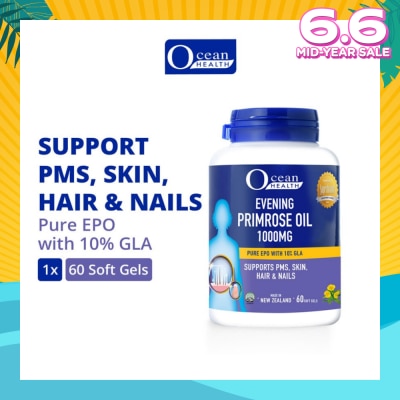 OCEAN HEALTH Evening Primrose Oil Softgel 1000mg (Supports PMS, Skin, Hair & Nails + Halal) 60s