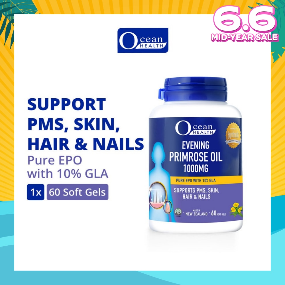 Evening Primrose Oil Softgel 1000mg (Supports PMS, Skin, Hair & Nails + Halal) 60s