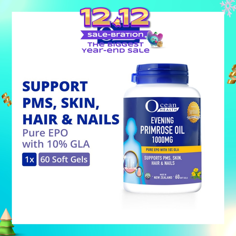 Evening Primrose Oil Softgel 1000mg (Supports PMS, Skin, Hair & Nails + Halal) 60s