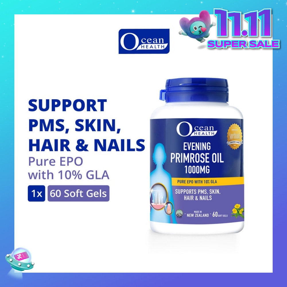 Evening Primrose Oil Softgel 1000mg (Supports PMS, Skin, Hair & Nails + Halal) 60s