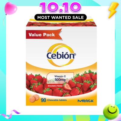CEBION Chewable Vitamin C Tablets Strawberry Flavour 500mg (Daily immune support, reduce tiredness, antioxidant protection, healthy skin) 90s image