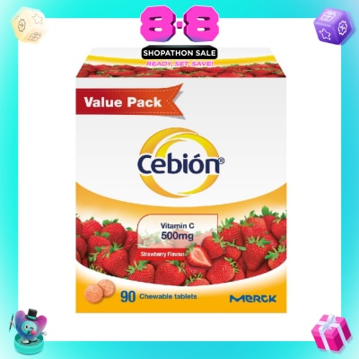 CEBION - Chewable Vitamin C Tablets Strawberry Flavour 500mg  (Daily immune support, reduce tiredness, antioxidant protection, healthy skin) 90s