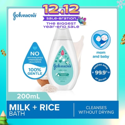 JOHNSON'S Baby Baby Milk + Rice Moisturizing Bath Cleanses Without Drying (Washes Away 99.9% Germs) 200ml