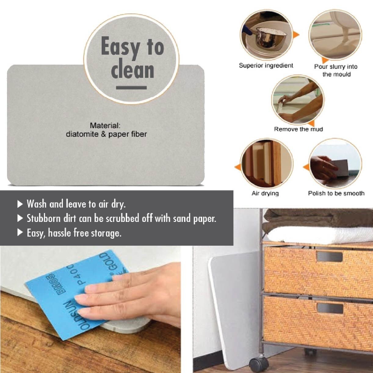 Slatted Wood Diatomite Floor Mat BN-7202 Silver Grey 1s