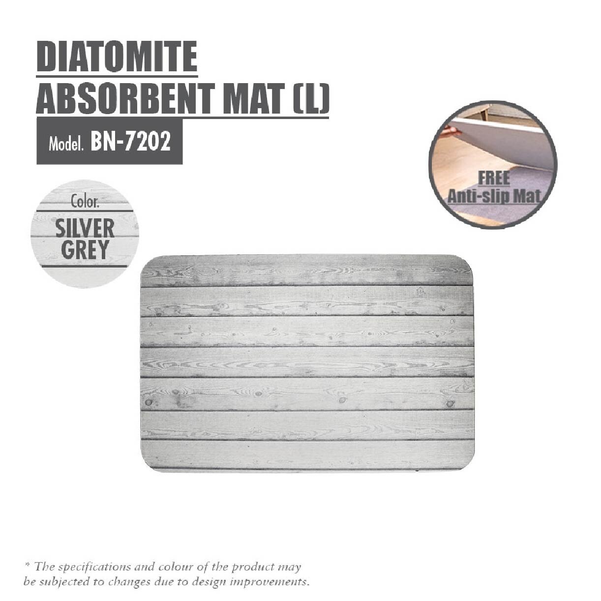 Slatted Wood Diatomite Floor Mat BN-7202 Silver Grey 1s