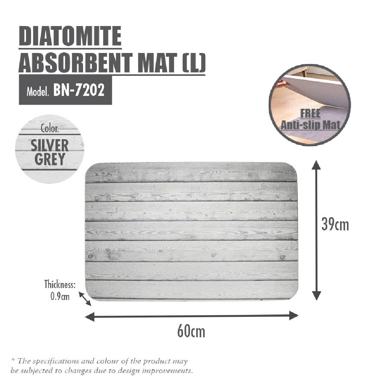 Slatted Wood Diatomite Floor Mat BN-7202 Silver Grey 1s