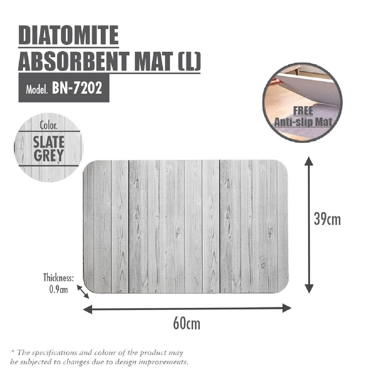 Slatted Wood Diatomite Floor Mat BN-7202 Slate Grey 1s