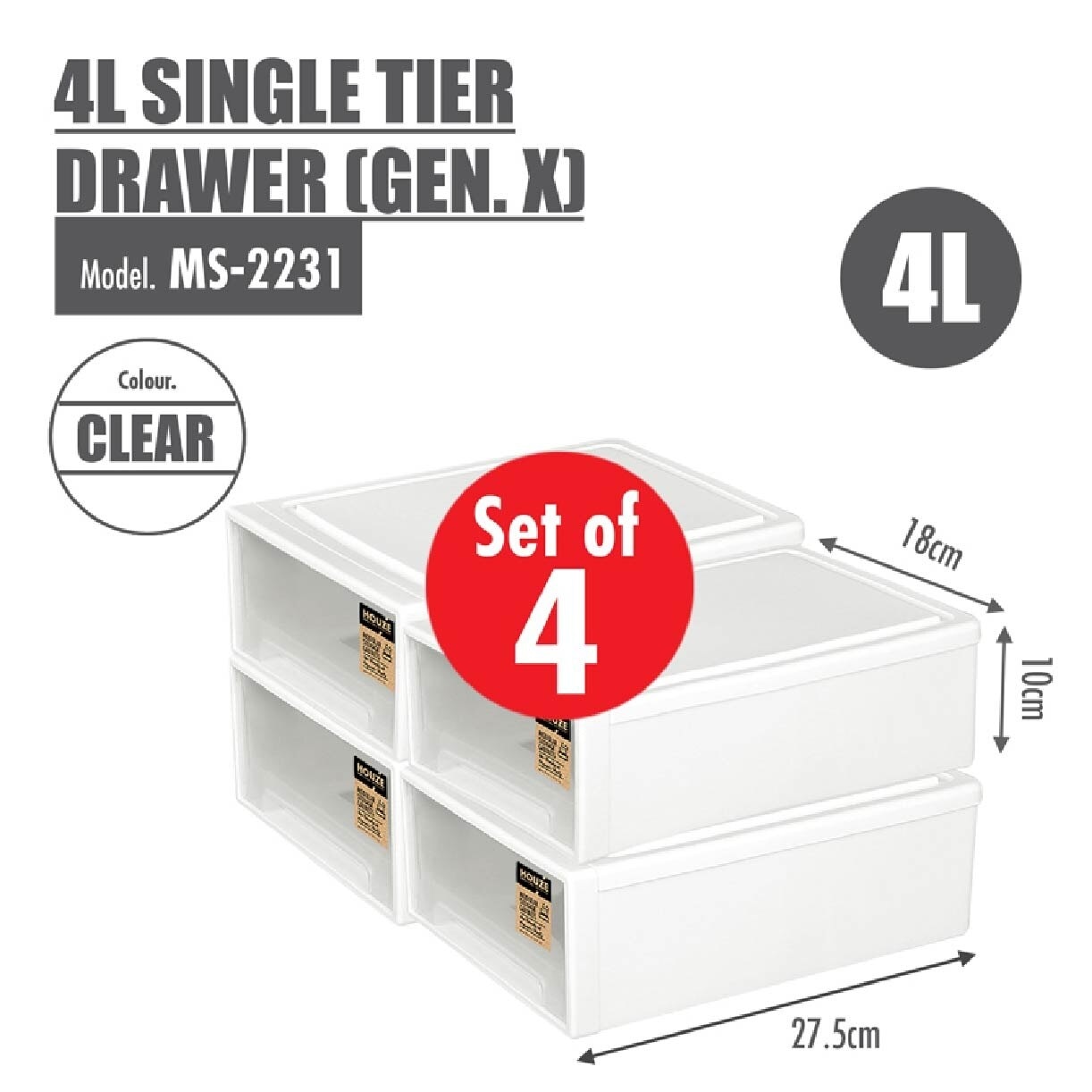 [SET OF 4] 4L Single Tier Drawer Gen. X 4**MS-2231 Clear 4s