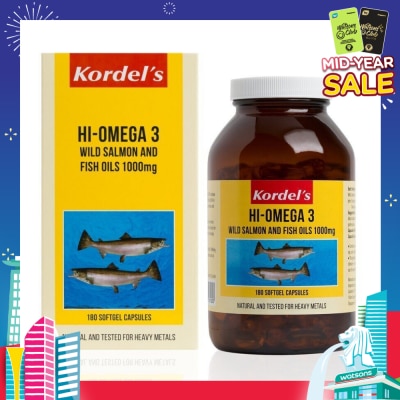 KORDEL'S Hi-Omega 3 Wild Salmon & Fish Oil 1000mg Softgel Capsules (Help To Maintain Healthy Lipid Levels In The Body, Support Smooth Blood Flow) 180s