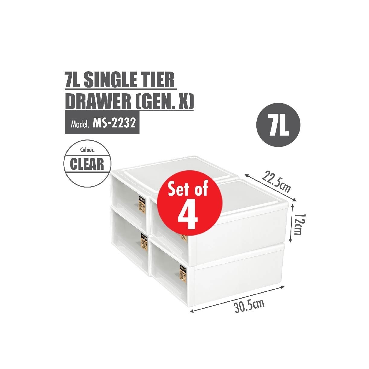 [SET OF 4] 7L Single Tier Drawer Gen X 4**MS-2232-CLEAR 4s