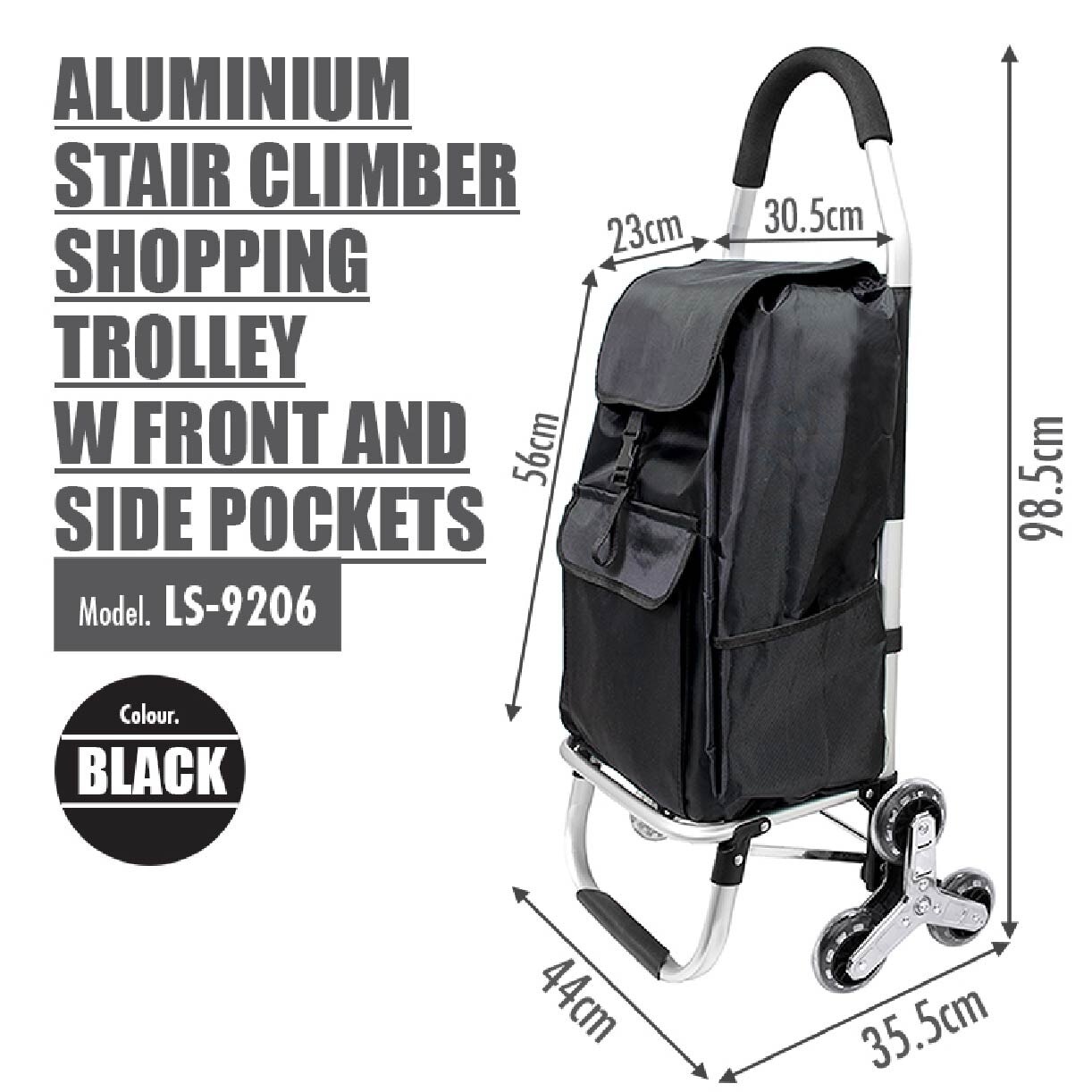 Aluminium Stair Climber Shopping Trolley with Front and Side Pockets Black LS-9206 Black 1s