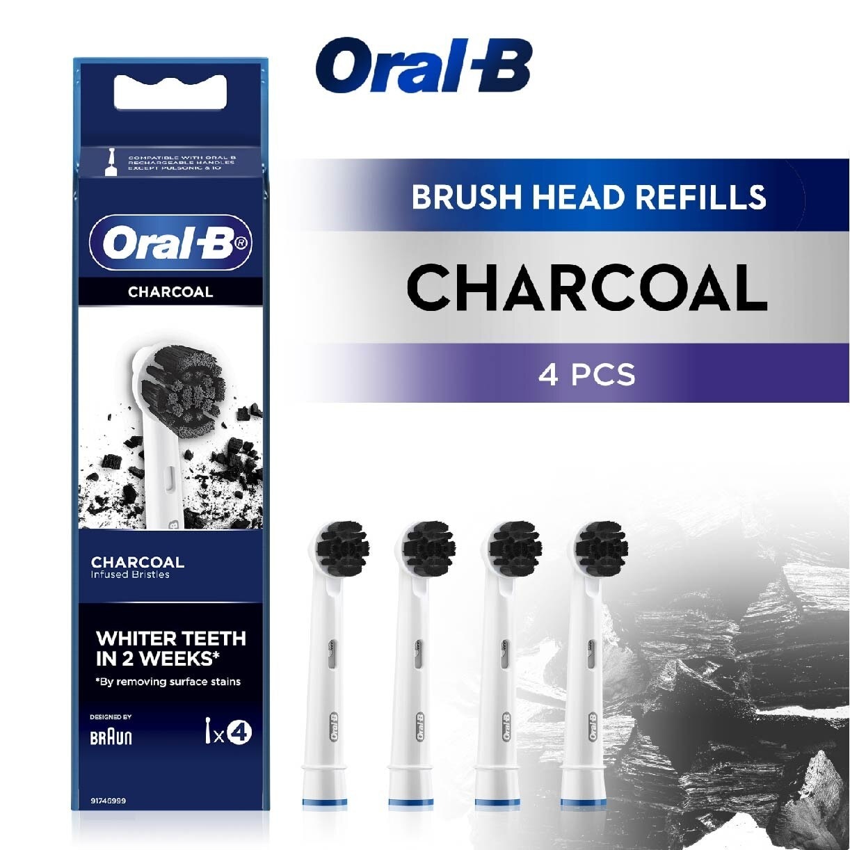 Charcoal Brush Heads Refills (Charcoal Infused Bristles for Whiter Teeth) 4s