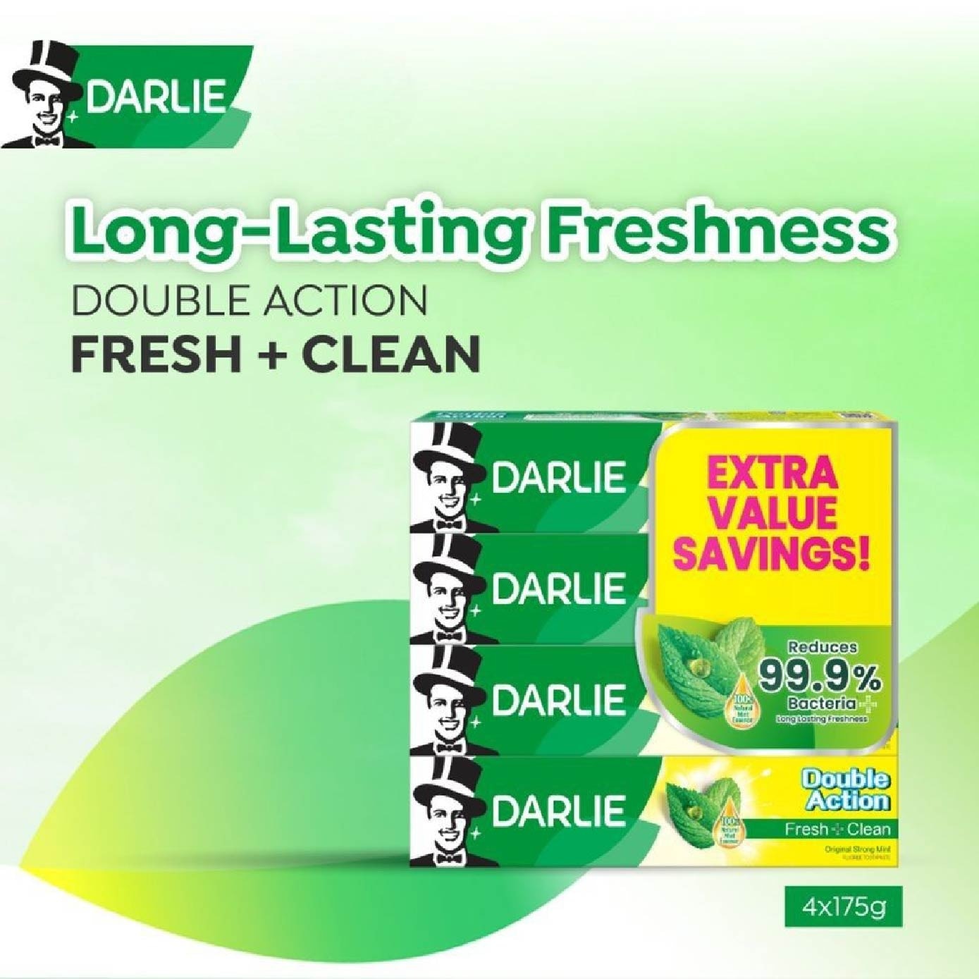 Double Action Toothpaste Fresh + Clean Packset (Effectively Reduces Oral Bacteria) 175g X 4s