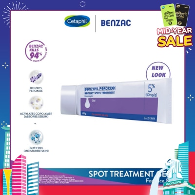 BENZAC Spots Treatment 5% (Anti-Acne + Pimple Gel Cream With Benzoyl Peroxide) 60g