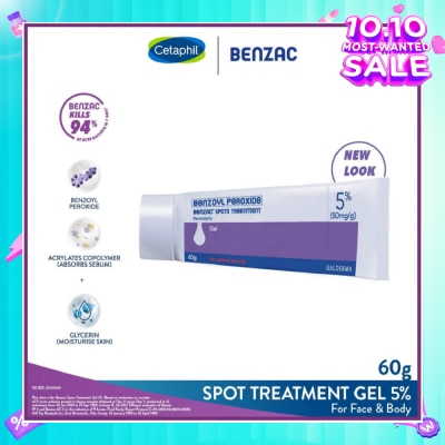 BENZAC Spots Treatment 5% (Anti-Acne + Pimple Gel Cream With Benzoyl Peroxide) 60g
