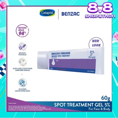 BENZAC Spots Treatment 5% (Anti-Acne + Pimple Gel Cream With Benzoyl Peroxide) 60g