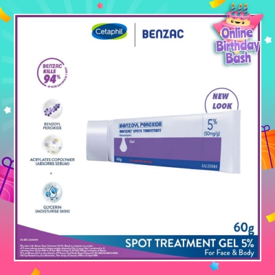 BENZAC Spots Treatment 5% (Anti-Acne + Pimple Gel Cream With Benzoyl Peroxide) 60g