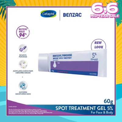 BENZAC Spots Treatment 5% (Anti-Acne + Pimple Gel Cream With Benzoyl Peroxide) 60g