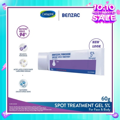 BENZAC Spots Treatment 5% (Anti-Acne + Pimple Gel Cream With Benzoyl Peroxide) 60g