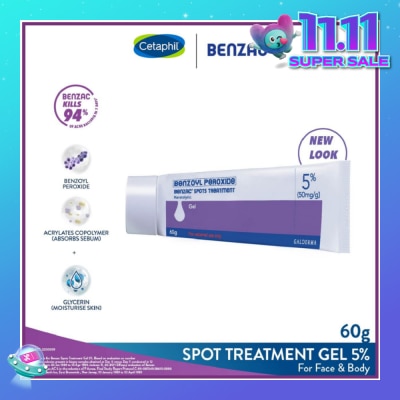 BENZAC Spots Treatment 5% (Anti-Acne + Pimple Gel Cream With Benzoyl Peroxide) 60g