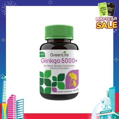 GREENLIFE Ginkgo 5000+ Dietry Supplement Veggie Capsule (For Mental Alertness) 60s