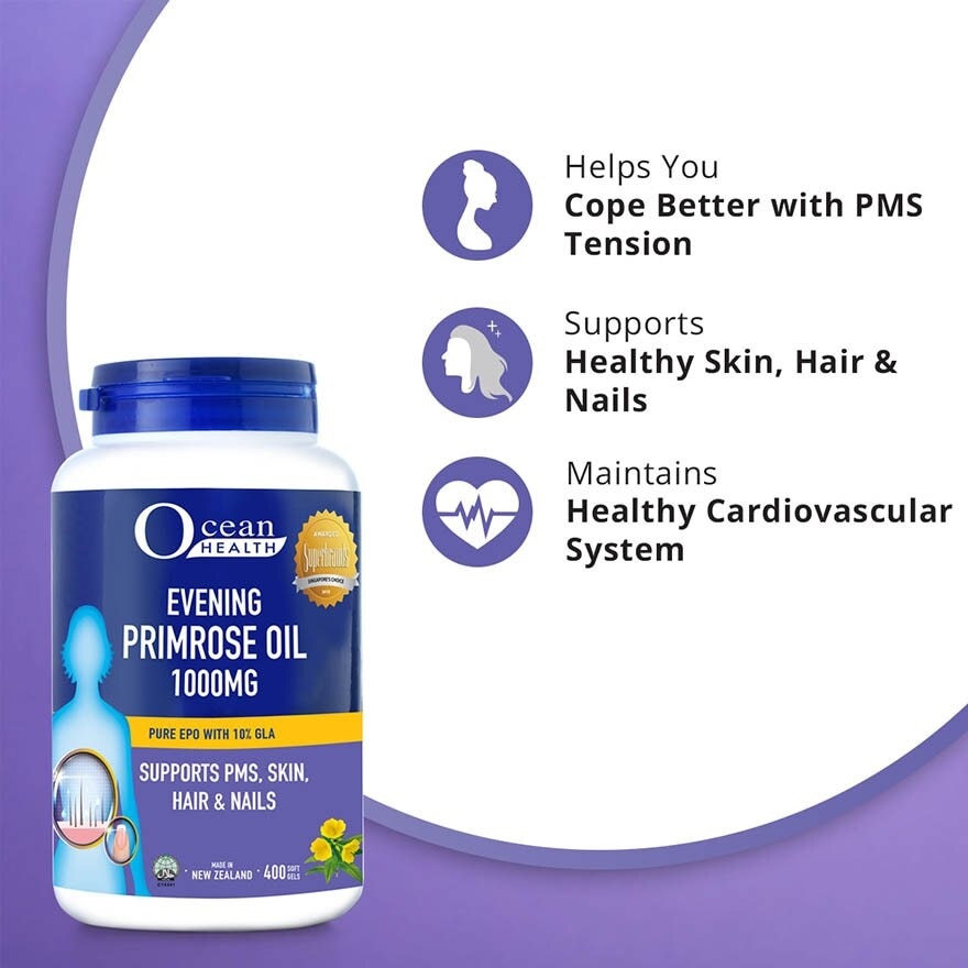 Evening Primrose Oil Softgel 1000mg (Supports PMS, Skin, Hair & Nails + Halal) 400s