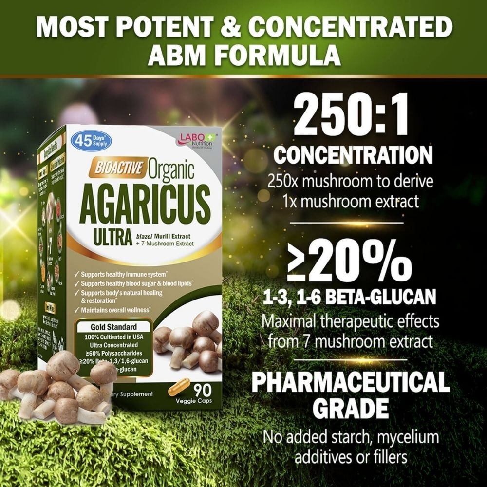 Bioactive Organic Agaricus Ultra capsule with 7 Mushroom Extracts Veggie Capsule (Immune Health & Blood Glucose Support) 90s image