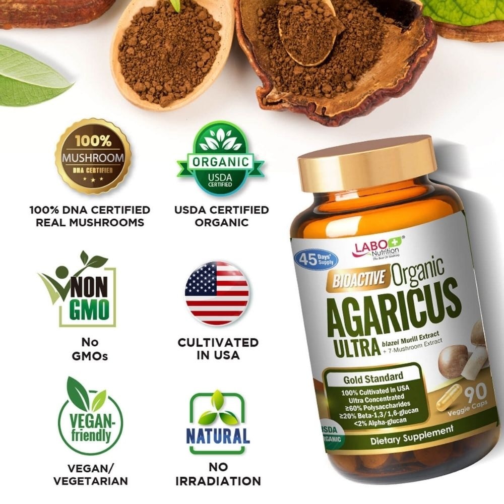 Bioactive Organic Agaricus Ultra capsule with 7 Mushroom Extracts Veggie Capsule (Immune Health & Blood Glucose Support) 90s image