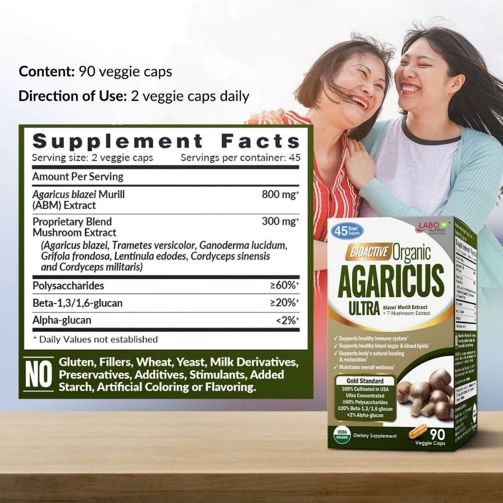 Bioactive Organic Agaricus Ultra capsule with 7 Mushroom Extracts Veggie Capsule (Immune Health & Blood Glucose Support) 90s image