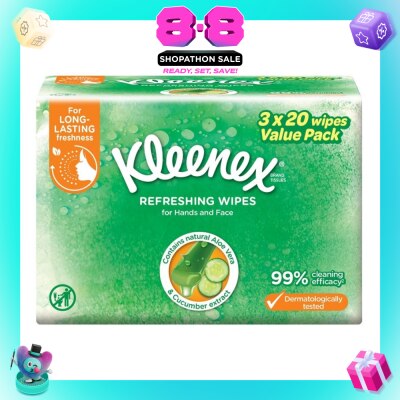 KLEENEX - Refreshing Hand and Face Moist Wipes 3 x 20 Sheets