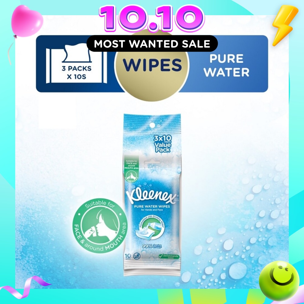 Pure Water Hand and Face Moist Wipes 3 x 10 Sheets image