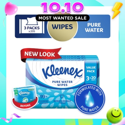 KLEENEX Pure Water Hand and Face Moist Wipes 3 x 20 Sheets image