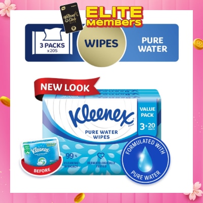 KLEENEX Pure Water Hand and Face Moist Wipes 3 x 20 Sheets