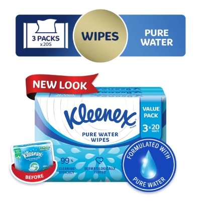 KLEENEX Pure Water Hand and Face Moist Wipes 3 x 20 Sheets