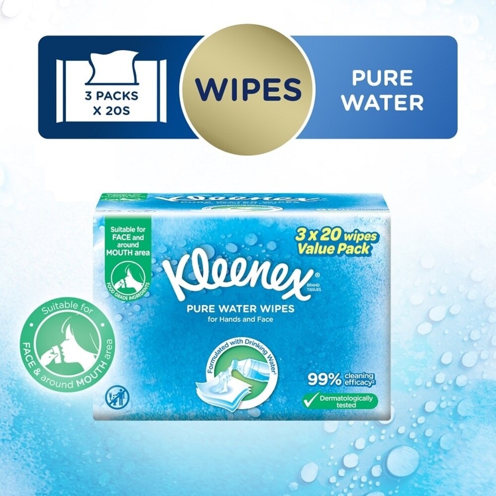 Pure Water Hand and Face Moist Wipes 3 x 20 Sheets