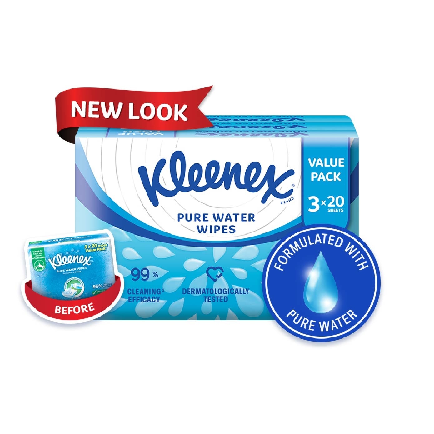 Pure Water Hand and Face Moist Wipes 3 x 20 Sheets