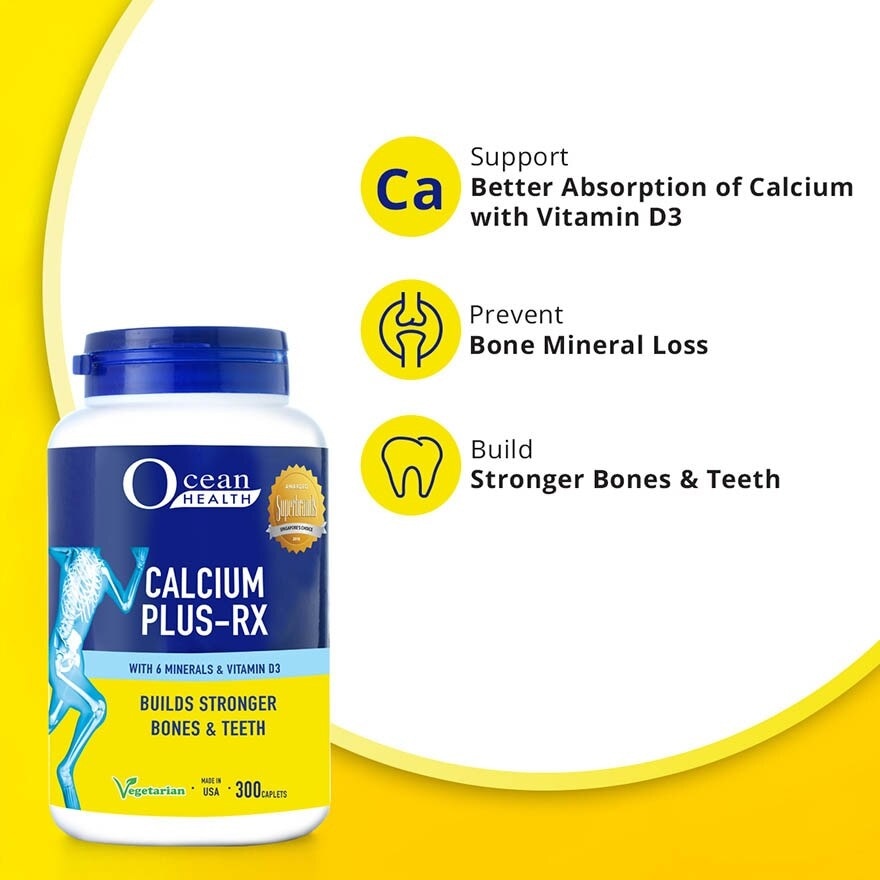 Calcium Plus-RX Caplet (Builds Strong Bones + With Vit D3 & 6 Minerals including Magnesium + Vegetarian) 300s