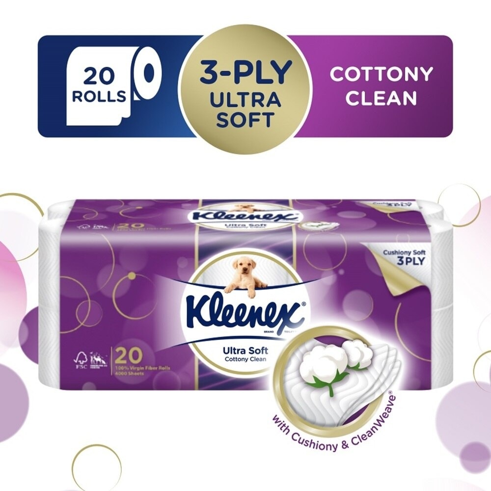 KLEENEX Ultra Soft Toilet Tissue Paper Cottony Clean 20 Rolls<BR>