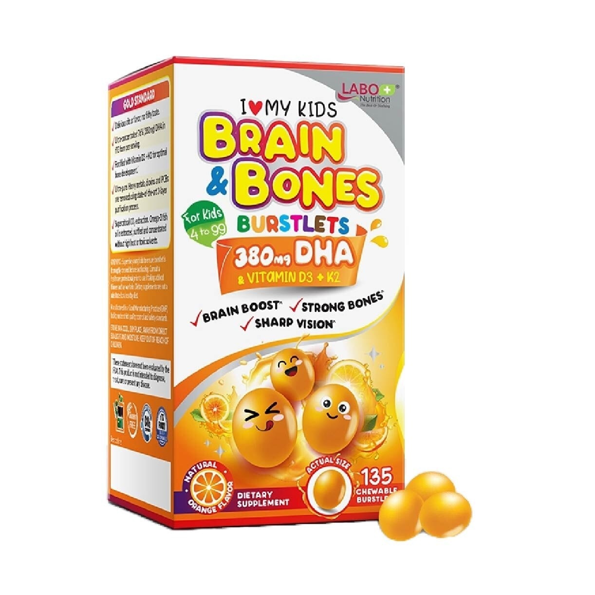 I Love My Kids DHA76 Brain & Bones Dietary Supplement Burstlets (Omega 3 DHA Fish Oil + Vitamin D3 for Smarter Learning, Better Focus & Behaviour) 135s